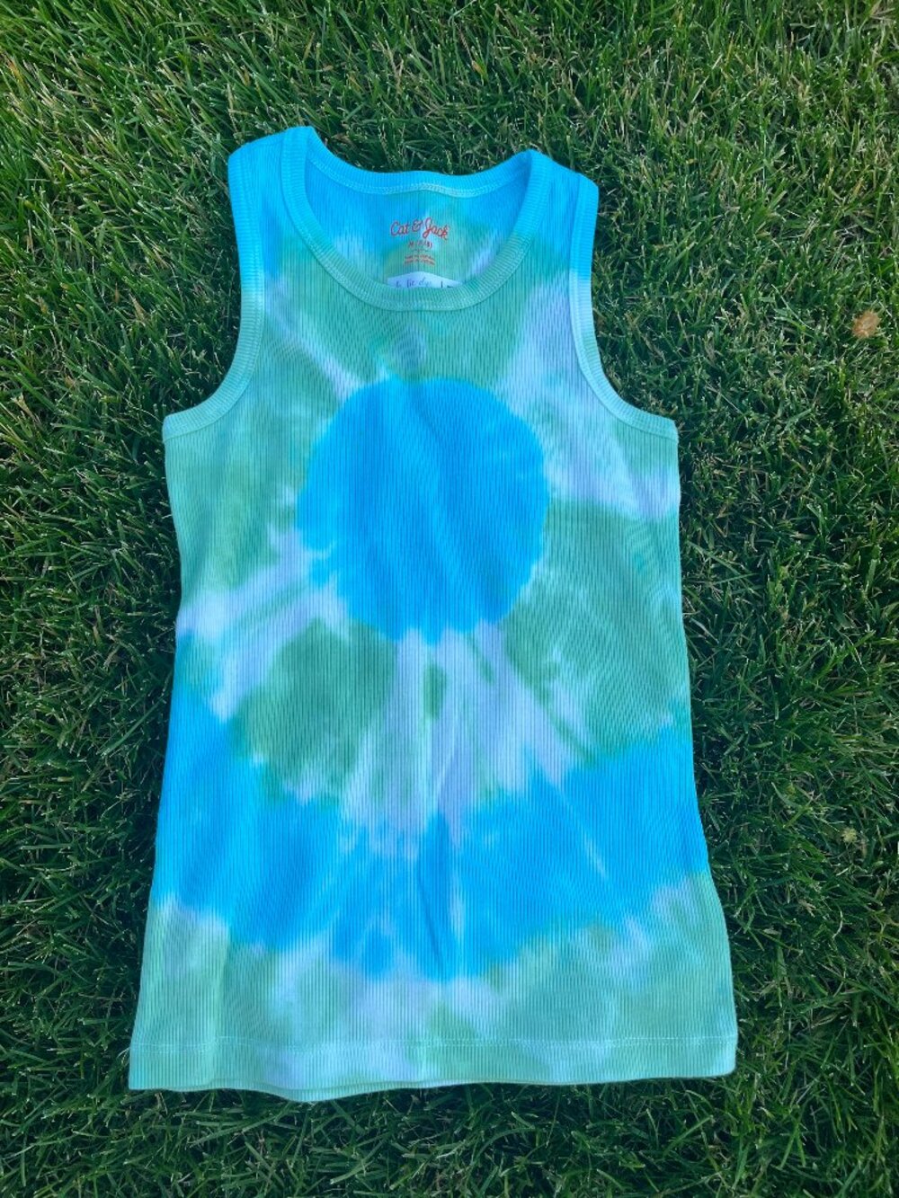 Child Medium (7-8) Aquamarine Blue & Green Bullseye Tie-Dye Tank Top